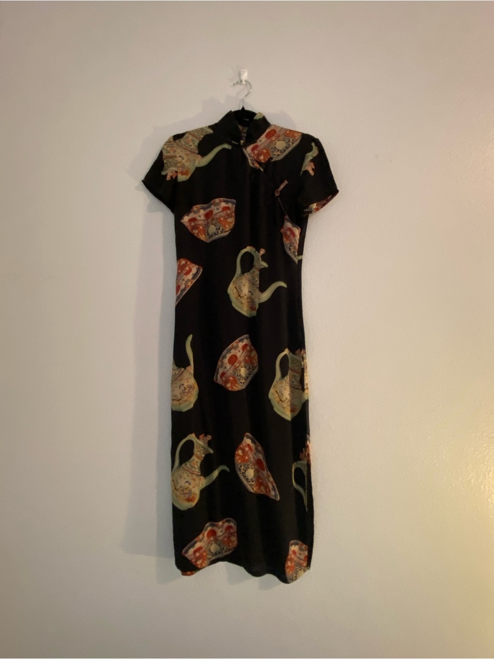 Black 100% Pure Silk Tea Pot Print Midi Dress with Mandarin Collar - Picture 2 of 12